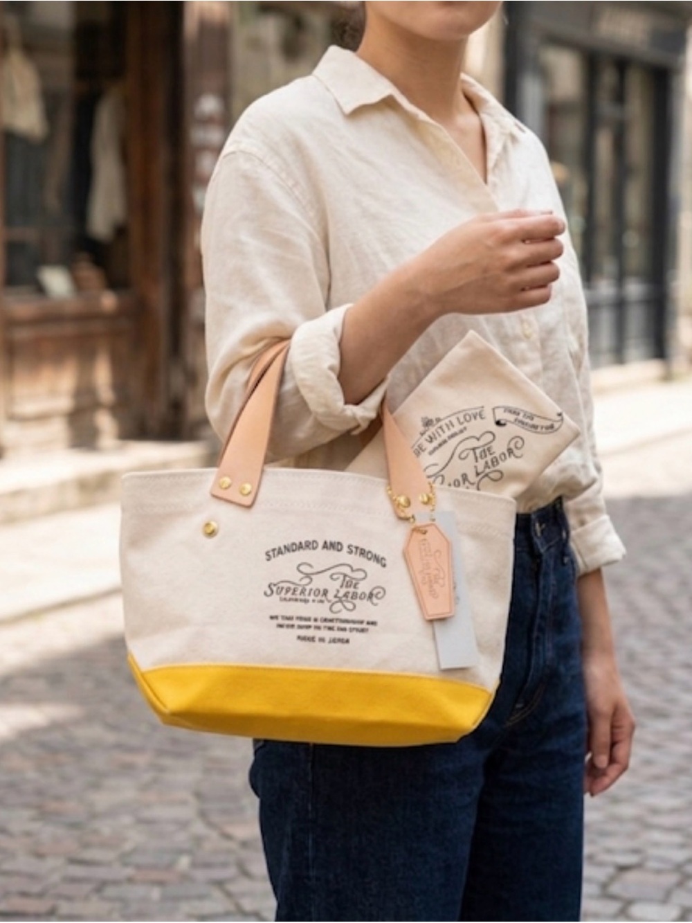 Cream & Yellow Canvas Tote with Leather Handles